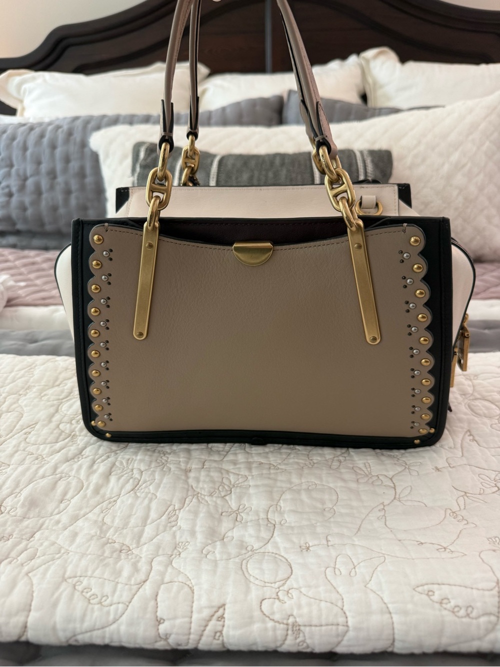Coach Taupe and Black Leather Satchel with Gold Hardware - Picture 3 of 14